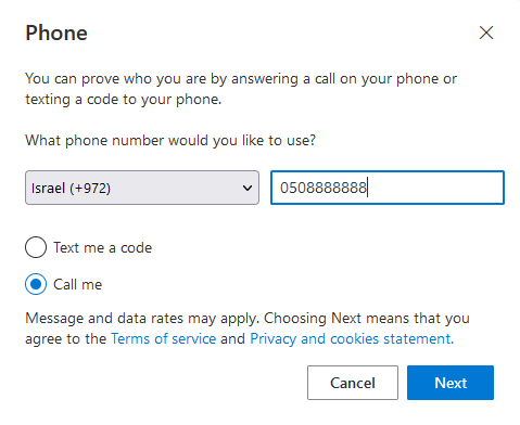 Choose the country, type in your mobile phone number, choose call me and then next